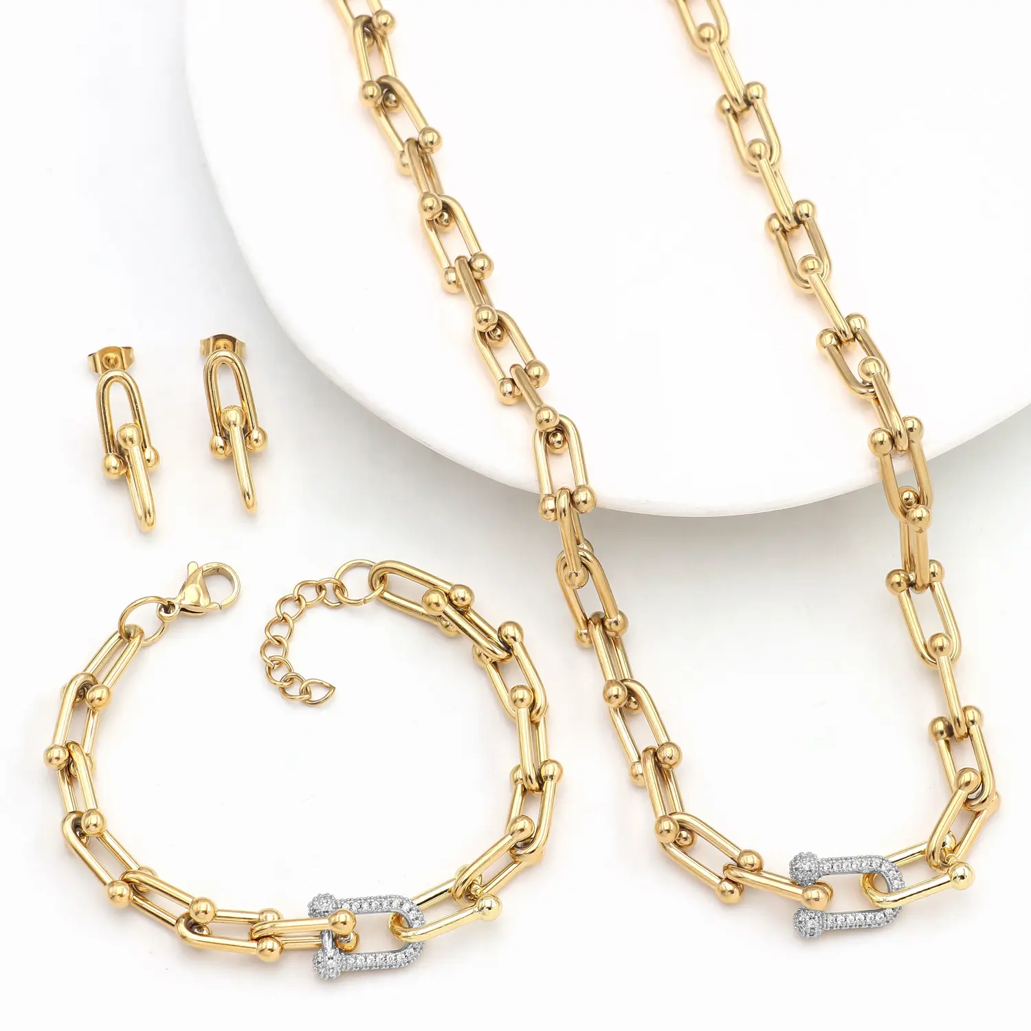 Female Stainless Steel 2-Color Full Horseshoe Link Letter 3-Piece Jewelry Set - Daily Drop Necklace, Bracelet, Earrings
