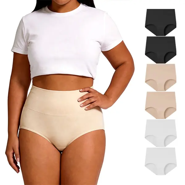 MhzyCaus 6-Pack High-Waisted Cotton Women's Panties, Waist-Cinching Tummy Sculpt, Breeze-Fresh Breathable Comfort, Quick-Dry Sweat Defense, Peach-Perfect Booty Lift, Flexible & Colorfast lady panty comfortable knicker underwear basic seamless fit