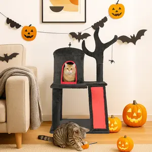 Rebuyhome 42" Gothic Cat Tree, Halloween Cat Tower Cat Tree with Spacious Cat Condo, Scratching Ladder, Spider Toy for Indoor Cats, Brach Shaped Scratching Post, Red & Black