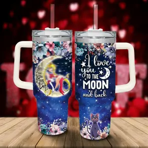 Magical Girl Inspired Tumbler 40oz, I Love You to the Moon and Back Cup, Anime Lover Gift, Cute Cat & Moon Travel Mug, Insulated Coffee Tumbler with Handle