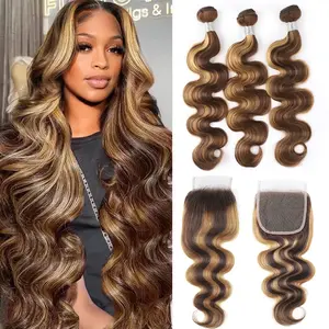Gefily[14A]4/27 Highlight Body Wave Bundles with Closure 100% Unprocessed Brazilian Virgin Human Hair 4 Bundles with 4x4 Lace Closure（20 22 24 26+16 Inch）Body Wave Hair Free Part outdoorfun