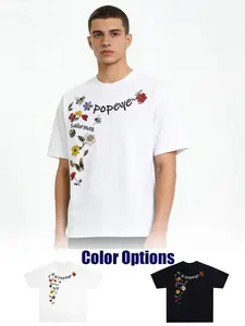 Popeye Sailorman Floral Print Short Sleeve T-Shirt, American Vintage Street Style, Unisex Casual Loose Fit Round Neck Tee