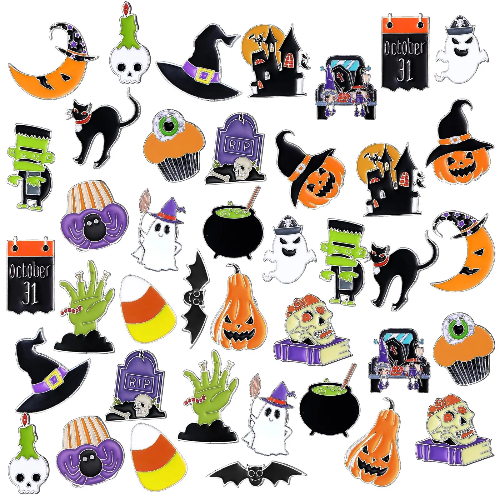 40 Pcs Halloween Enamel Pins Bulk Fall Lapel Pins Pumpkin Ghost Bat Brooches Cute Alloy Badge Pins for Backpacks Clothes Bags Halloween Party Favors Gifts