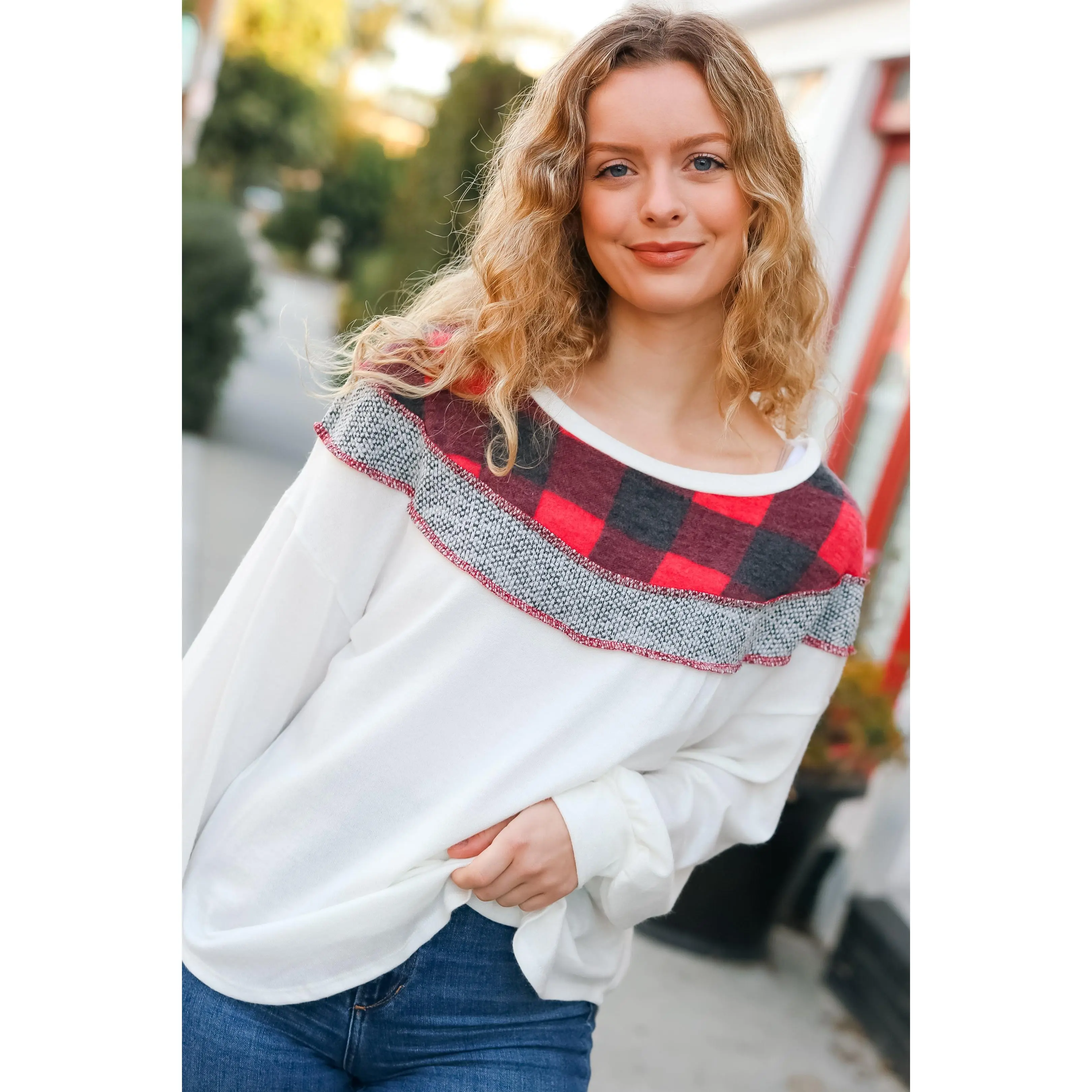 Pretty in Plaid Red & Grey Buffalo Plaid Hacci Outseam Top