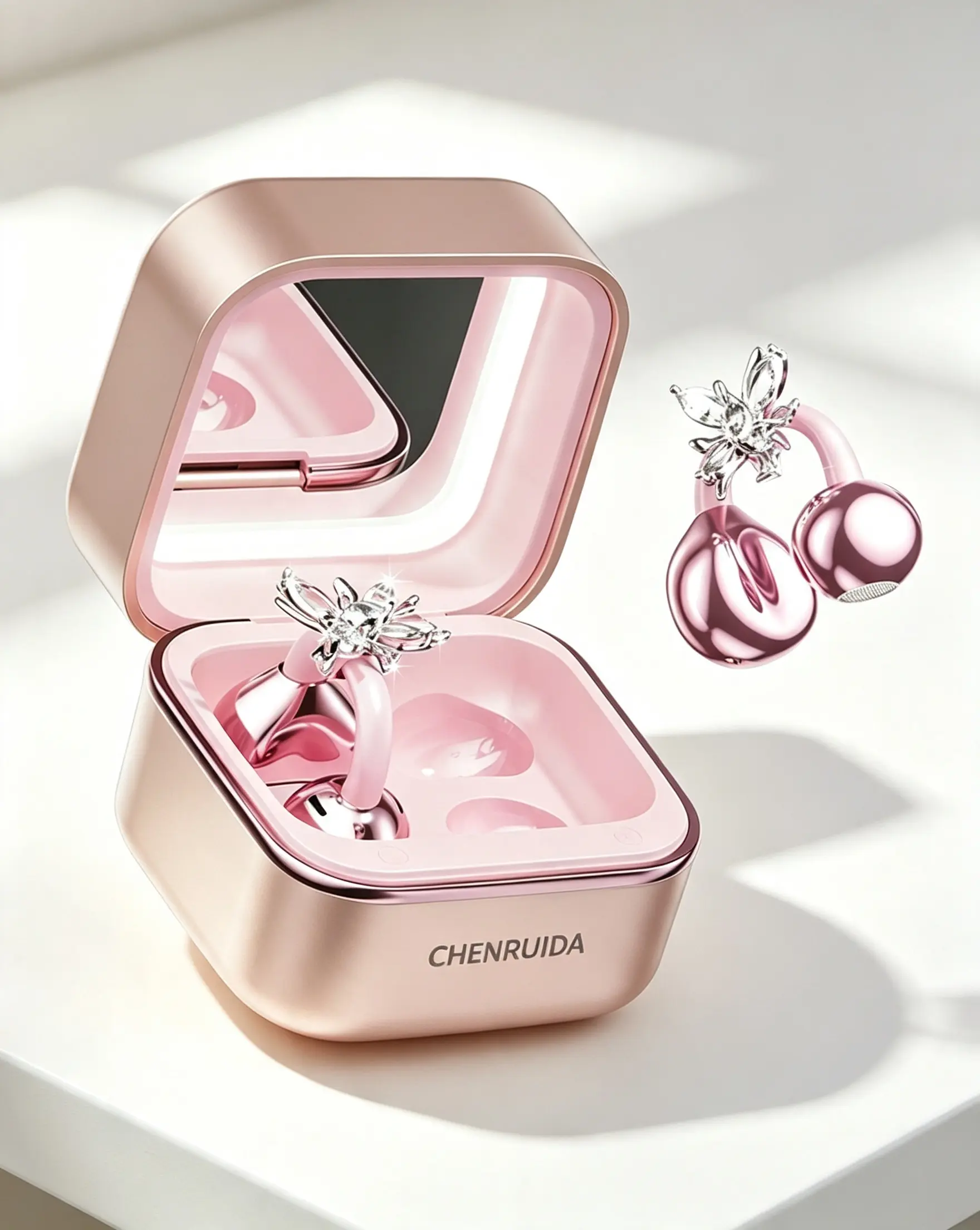 CHENRUIDA Mini Square Wireless Bluetooth Earbuds - Audio Headphones with Built-in Makeup Mirror, Fill Light, 360° Panoramic Sound, Active Noise Cancellation, Soft Silicone Ear Tips, Extra-Long Battery Life