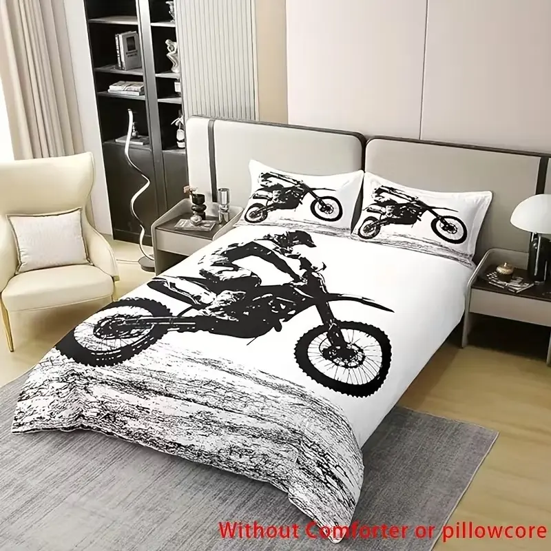 Three-Piece Motorcycle Print Bedding Set, Includes One Fitted Sheet, Fashion Bedroom Linen, Ideal for Motorcycle Enthusiasts