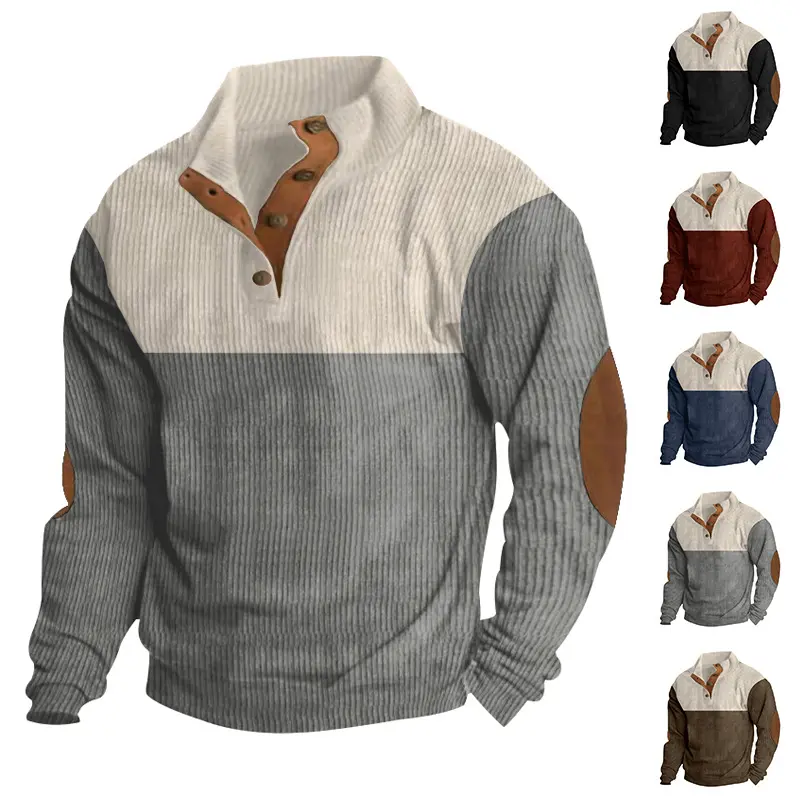 Men's Relaxed Stylish Casual Quarter-Zip Pullover Sweatshirt - All-Seasons Polyester Top with Comfortable Patchwork Color-Block Design Chinos Hoodie