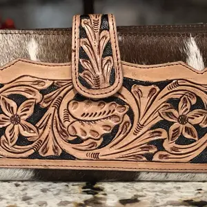 Genuine Cowhide Tooled Leather Clutch Wallet - Authentic Leather Design with Floral and Leaf Patterns wallets women