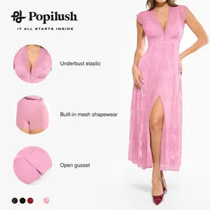 Popilush Shapewear Boho Floral Lace Front Slit Maxi Dress A-line Silhouette with Smoothing Waist Control & Supportive Bust Design Popilush Shapewear Boho Floral Lace Front Slit Maxi Dress A-line Silhouette with Smoothing Waist Control & Supportive Bust Design