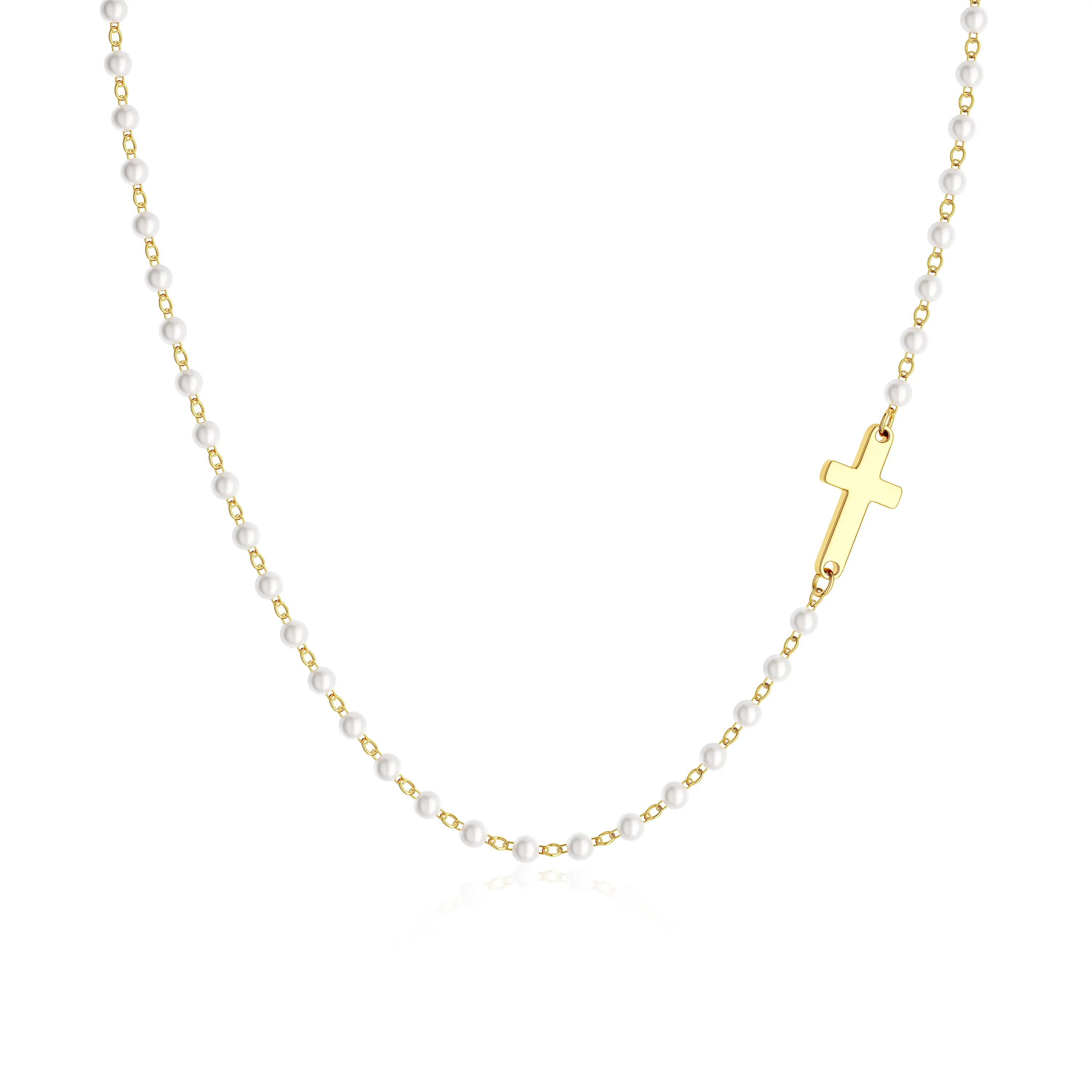 Dearmay 2-Color Options (Silver & Gold-Tone) 3mm Pearl Side Cross Necklace – Women’s Fashion Jewelry for Daily Wear/Casual Outings – Ideal Gift for Birthdays & Holiday Gifting Gift for Easter