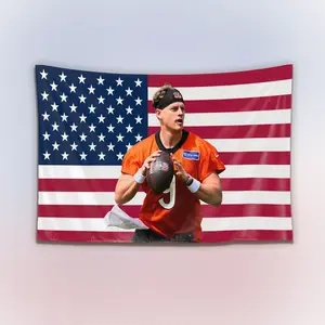 Joe Burrow USA Flag Tapestry, Vintage Patriotic Wall Hanging Decor, Football Quarterback American Flag Banner, Home Bedroom Sports Art, Gift for Fans