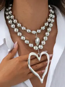 Hiphop Style Multi-Layer Beaded Chain Heart Pendant Necklace Set, 2 Piece Alloy Jewelry Series, Tiered Layers Design, All Seasons, Layered Necklaces, Jewelry Accessories