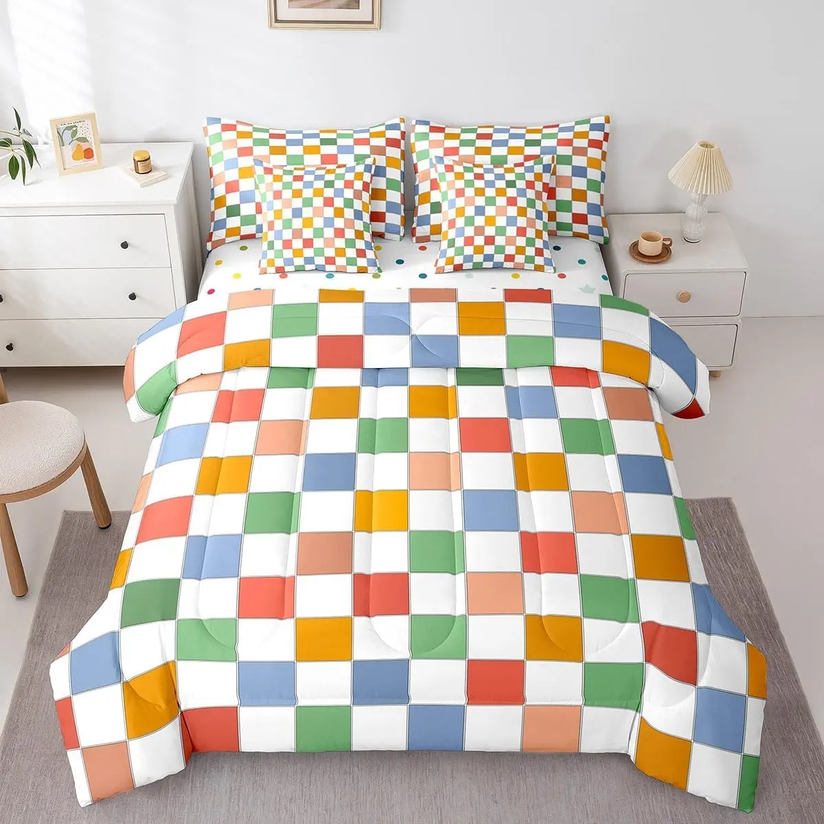 Retro Checkered 7 Piece Bed in A Bag with Sheets Vintage 60S 70S Funky Geometric Plaid Bedding Set Retro Checkerboard Grid Comforter Set Adults Groovy Aesthetic Bed Set
