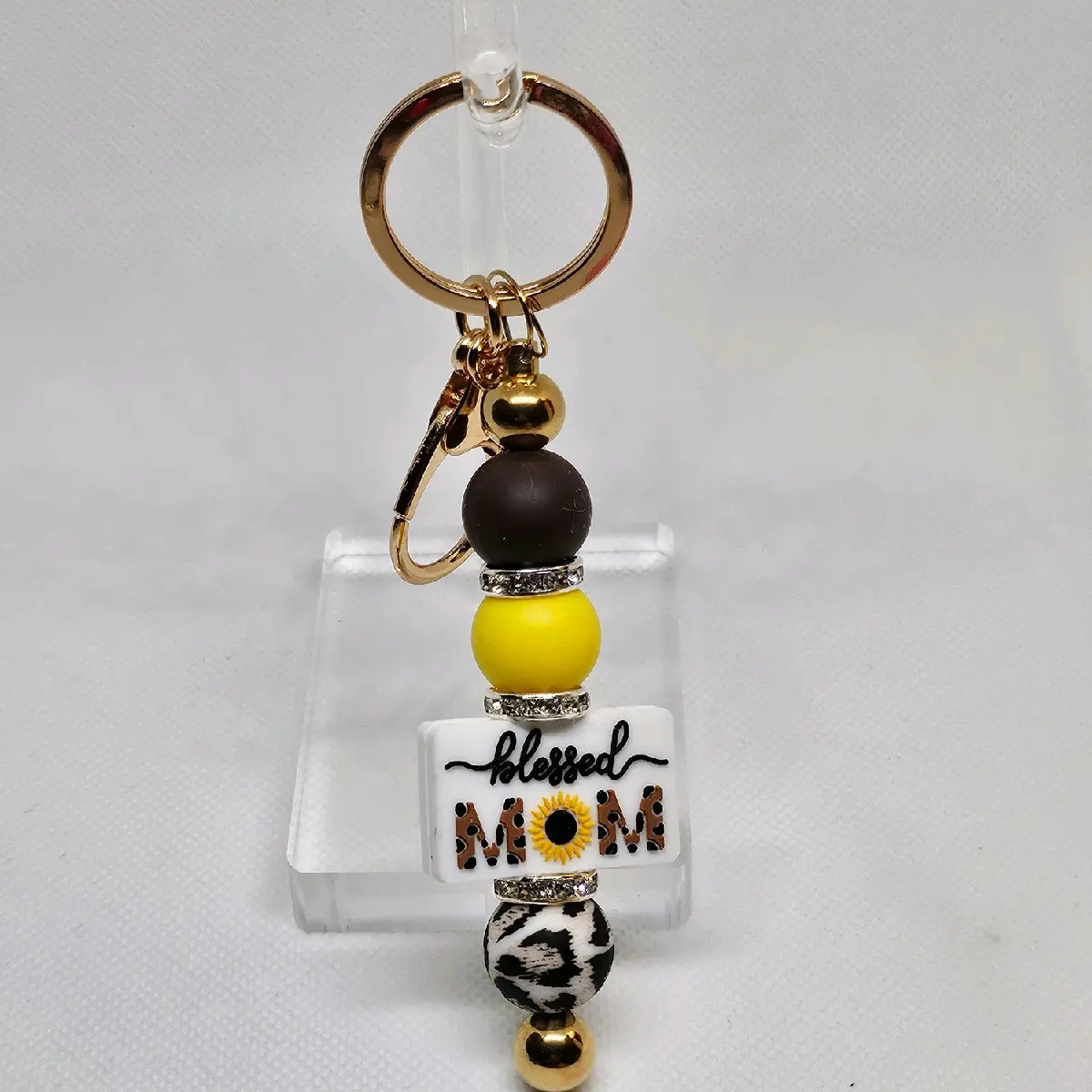 Blessed Mom with Sunflower Bling and Bead Goldtone Metal Keychain