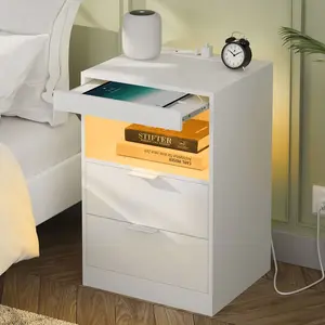 SIKAIC Modern White LED Nightstand with Drawers - Indoor Bedside Furniture, Wireless Charging Station, Key & APP Control, 60000+ Light Colors, Pull-Out Tray