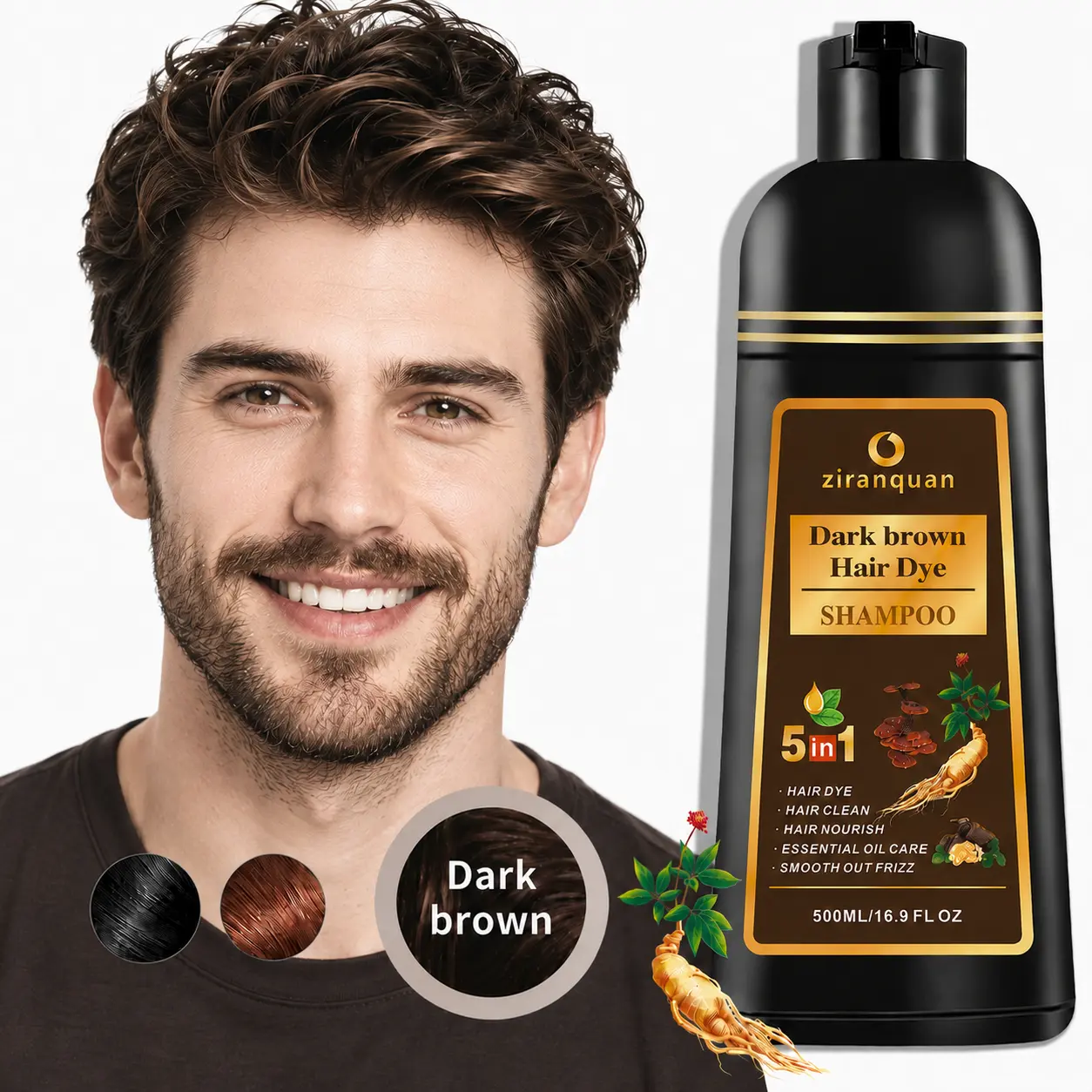 10-Min Instant Dark Brown Hair Dye Shampoo for Stubborn Gray Hair Coverage, 5-in-1 Hair Color Shampoo for Men & Women, Ammonia-Free Herbal Formula with 9 Extracts, Long Lasting 8 Weeks Conditioning Haircolor, Non-Staining Scalp Friendly, 500ml