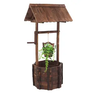 Outdoor Wooden Wishing Well Flowerpot - Carbonized Fir Wood, Rustic Antique Style, Reinforced & Anticorrosive for Garden Decor