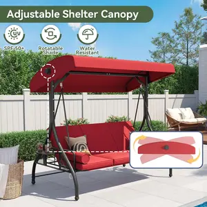 Aoxun 3-Seat Freestanding Outdoor Porch Swing with Stand, Adjustable Canopy, Built-in Cup Holders, Thick Soft Cushions - 2-in-1 Convertible Patio Swing Bed for Adults, Ideal for Garden, Balcony