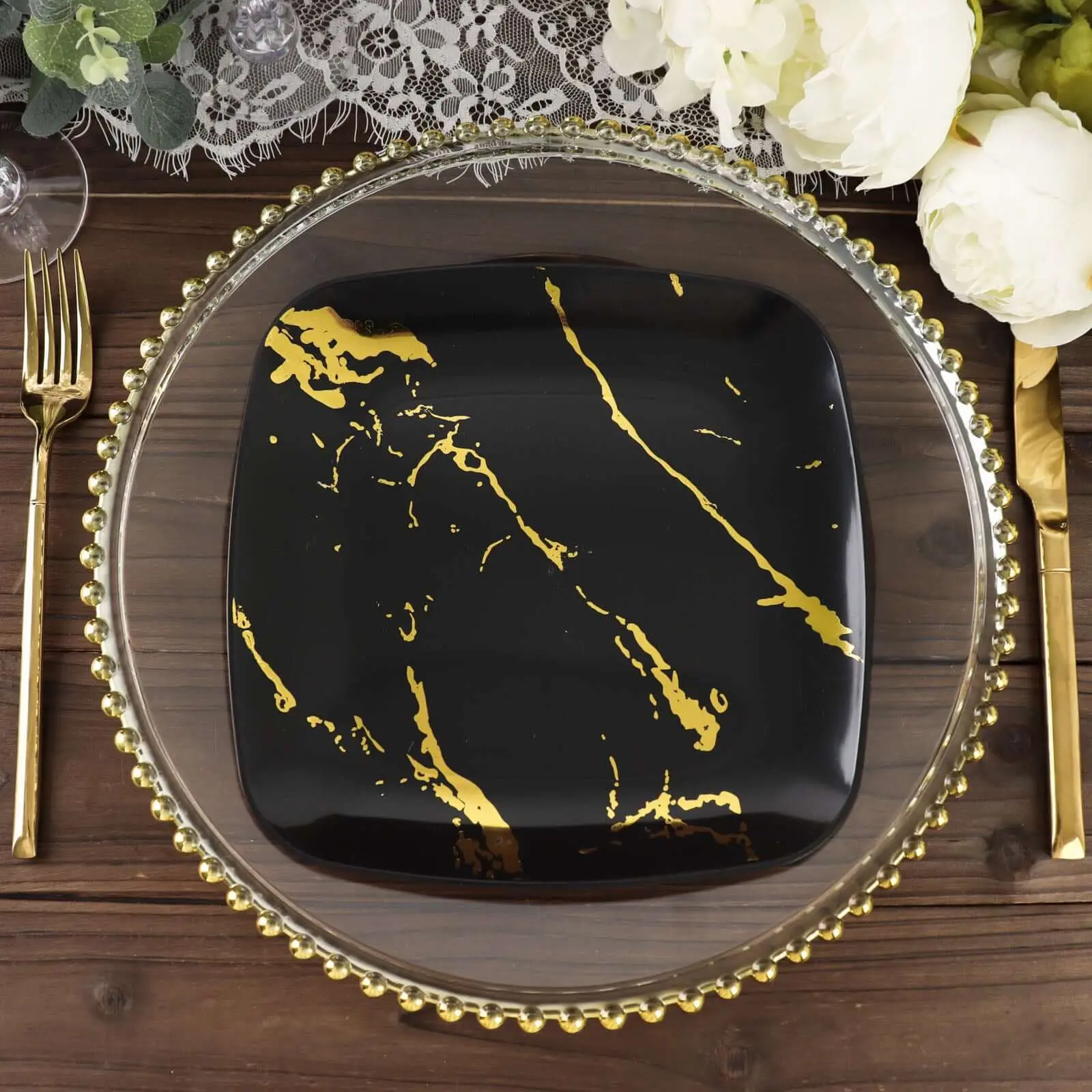 Elegant Plastic 10-Pack 8in Square Dessert Plates - Black with Gold Marble Design, Disposable Wedding Appetizer Salad Party Plates for Home & Festive Supplies, Elegant Plastic Plates