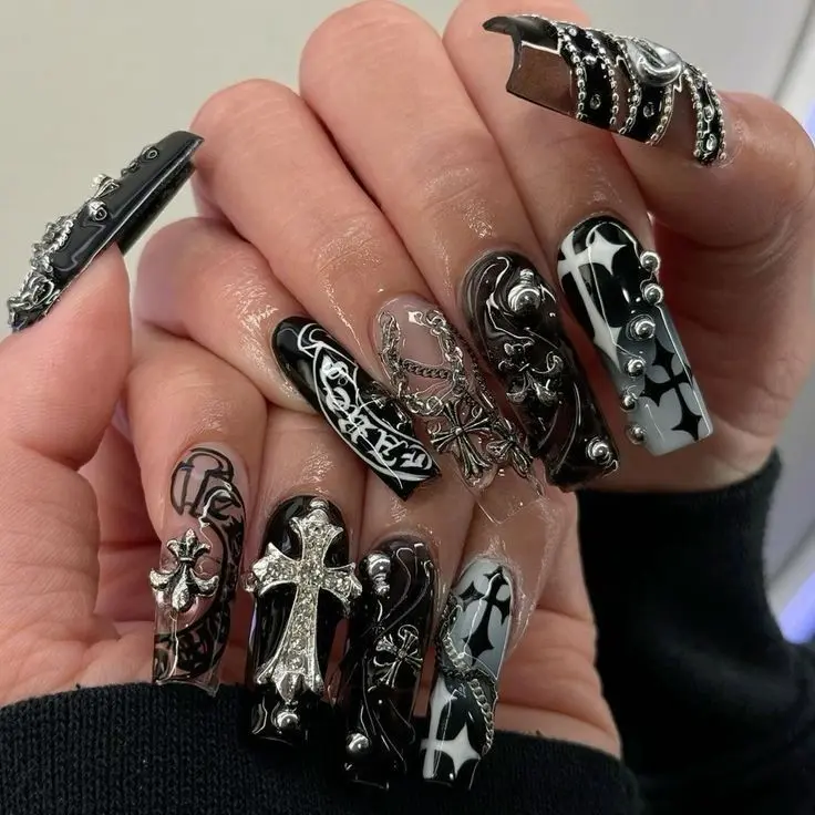 Premium Punk Rock Press-On Nails - Dark Tribal Chrome Cross Themed, Custom Long Coffin, Reusable Full Set (Beauty & Nail Art Decoration Accessory)