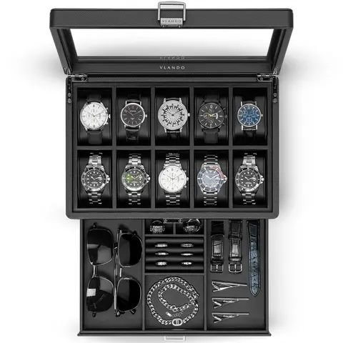 VLANDO Men's Lockable Textured Leather 10-Slot Black 2-Tiered Watch Jewelry Box - Glass Lid, Drawer, Accessories Storage, Home Organizer, Versatile Gift for Him (Birthday, Anniversary, Unique), Birthday Gifts For Him