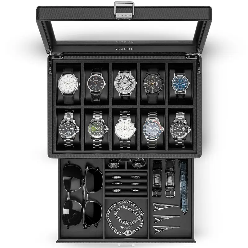 VLANDO Men's Lockable Textured Leather 10-Slot Black 2-Tiered Watch Jewelry Box - Glass Lid, Drawer, Accessories Storage, Home Organizer, Versatile Gift for Him (Birthday, Anniversary, Unique), Birthday Gifts For Him