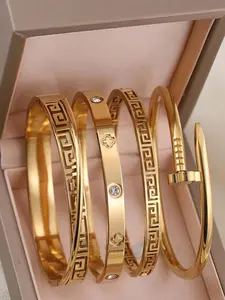 4-piece retro hollowed out design gold stainless steel women's bracelet, Elegant Jewelry Bracelet, suitable for daily wear, party accessories, friend gifts, layered bracelets