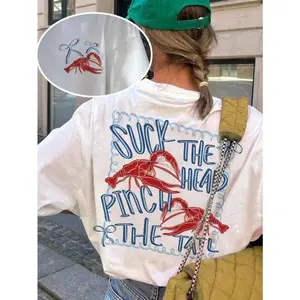 Suck The Head Pinch The Tail Crawfish Graphic T Shirt Women Oversized Short Sleeve Crewneck Funny Cajun Seafood Boho Streetwear Summer Casual Top