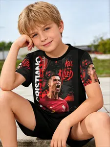 Kids 2 Piece Outfits Boys Summer Short Sleeve T Shirt + Shorts Set Cristiano Ronaldo Portugal 7 Street Dark Style Print Football Fan Kids Clothing Casual Sport Wear for School Daily Football Match & Fan Gathering