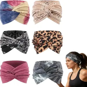 Printed solid color headband 6-piece combination set, fashionable sports workout printed hair retro vintage headband, suitable for sports, yoga, running SPA， holiday gift
