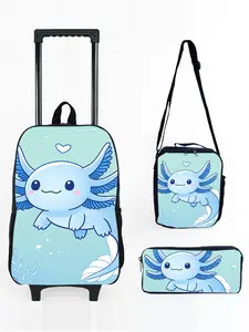 17-inch Wheeled Backpack 3-Piece Set with Axolotl Pattern Print