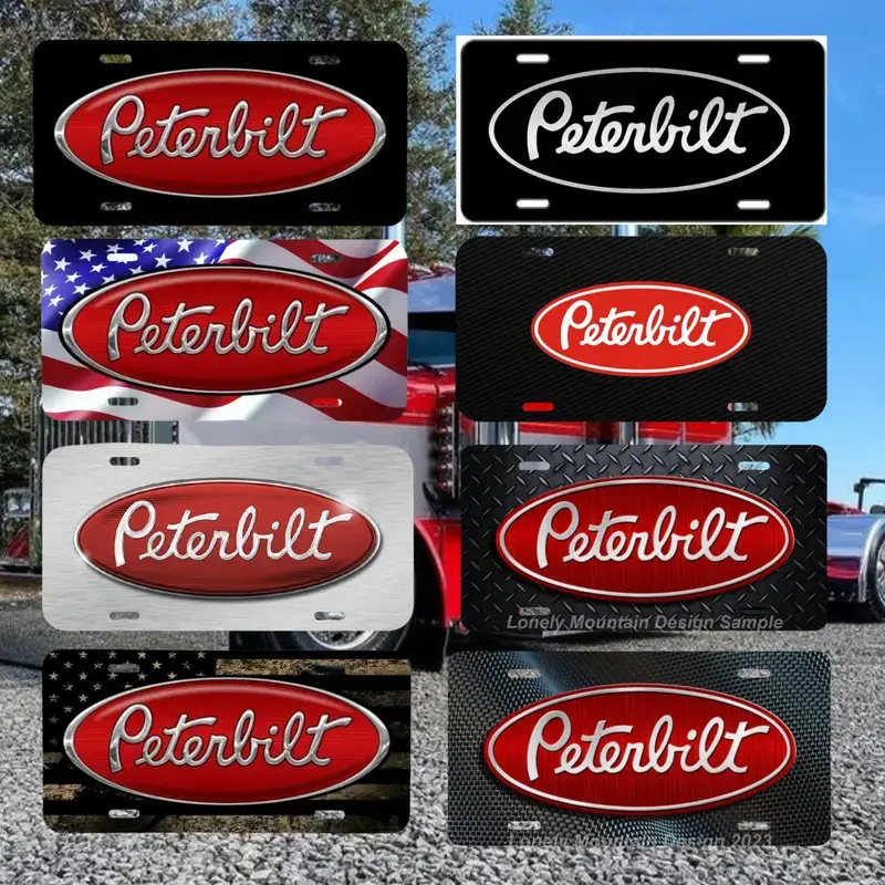 Peterbilt License Plate, Metal Front Tag for Semi Trucks & Big Rigs, Red Oval Logo, Aluminum Vanity Plate, Truck Exterior Accessory