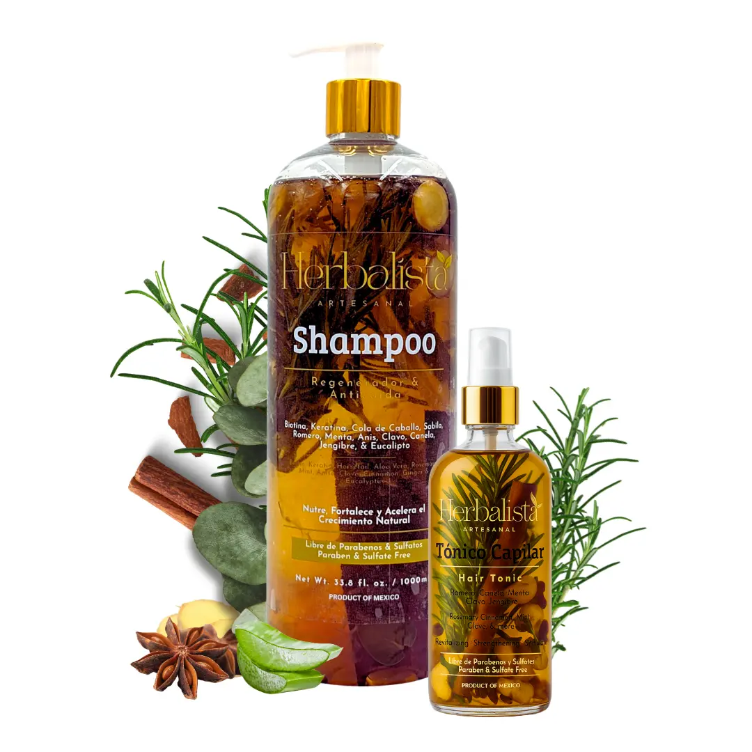 Herbalista Viral Haircare Bundle - 1000ml (33 fl oz) Gentle Hydrate Hair Growth Shampoo Cleanser + 250ml Hair Tonic - With Real Rosemary, Cinnamon, Anise, Clove, Aloe, Ginger, Eucalyptus - 100% Natural, Handcrafted, Voluminous Hair