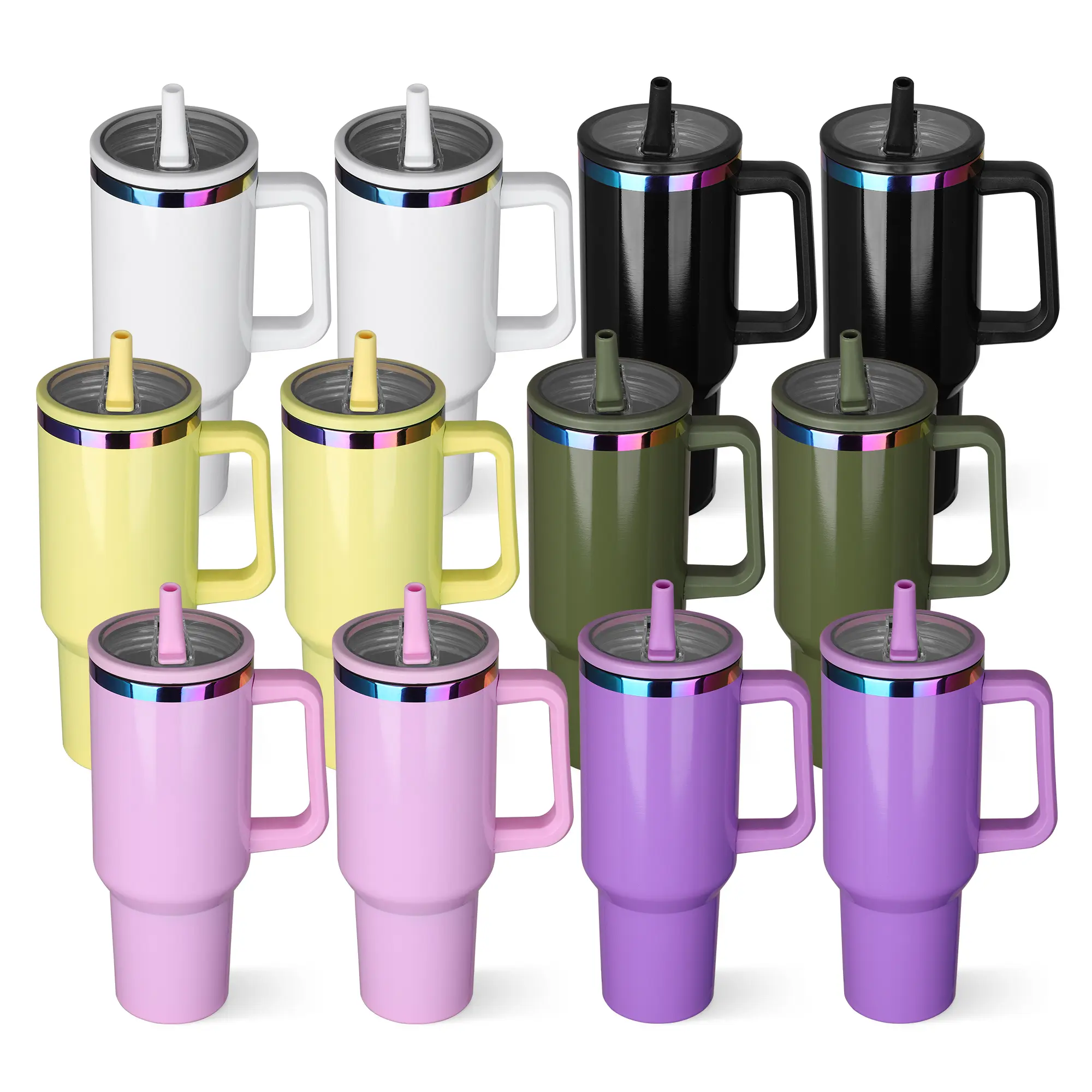 FASTSUB 40 oz Glossy Rainbow Plated Portable Stainless Steel Thermal Tumbler 12-Pack, Double Wall Insulated Leak-Free Vacuum Flask with Flip Straw Handle Lid, Laser Engraving Customizable Hot & Cold Bottle
