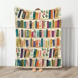 Vintage Bookshelf Library Throw Blanket, Cottagecore Book Wildlowers Blanket Gift For Book Lover Library Gift Floral Bookish Gift For Reader