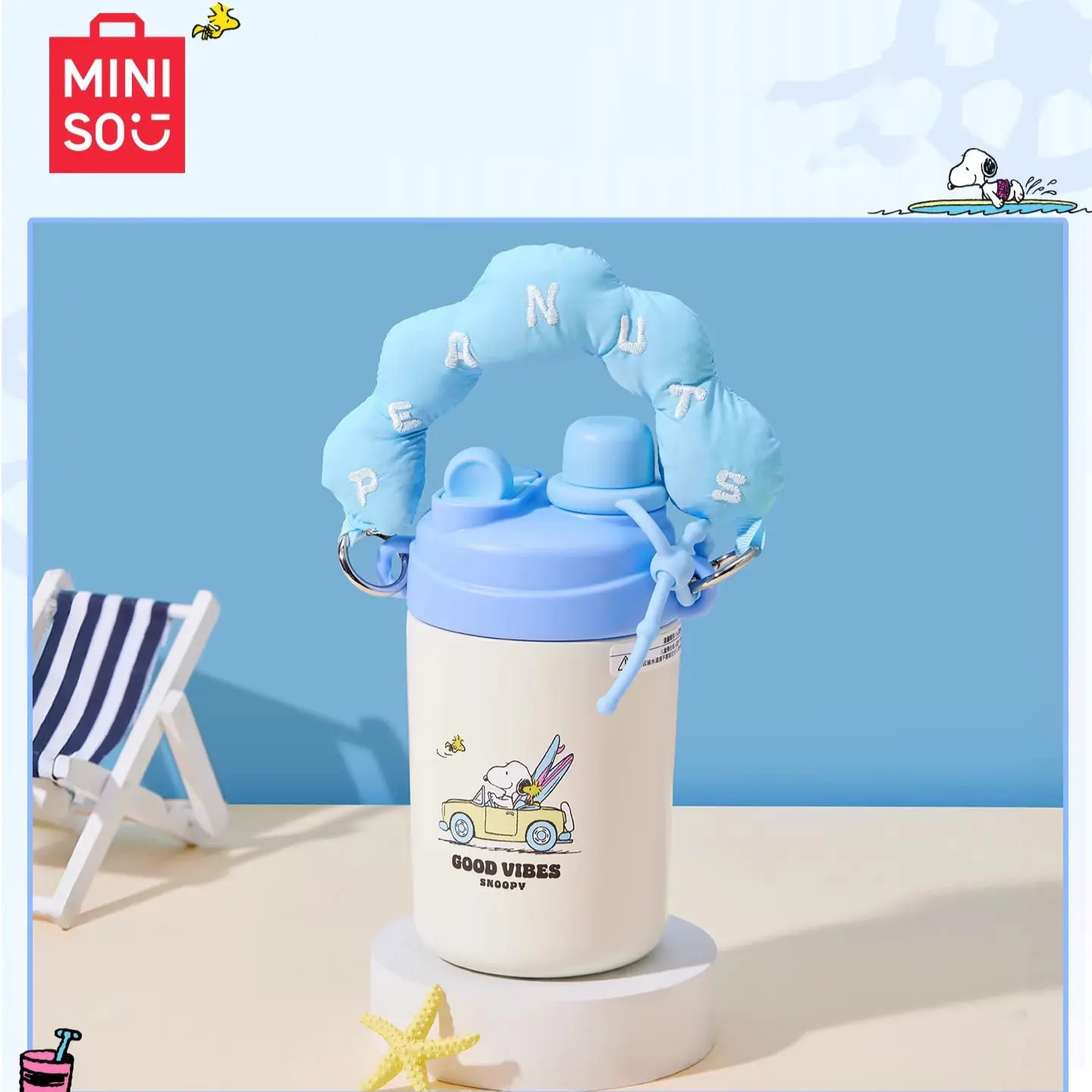 MINISO Snoopy Seaside Diary Collection Insulated Tumbler - 16.9 oz (500mL) Water Bottle Flask with Handle, Straw, Hot-Cold Retention, Portable for School, Outdoor Use, Ideal Gift for Mom, Animal-Themed Drinkware, Water Bottles, Flasks