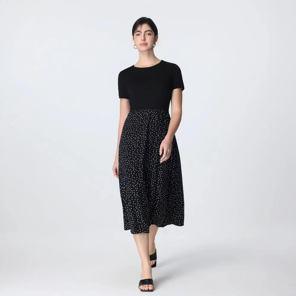 Women's Short Sleeve Contrast Midi Dress - A