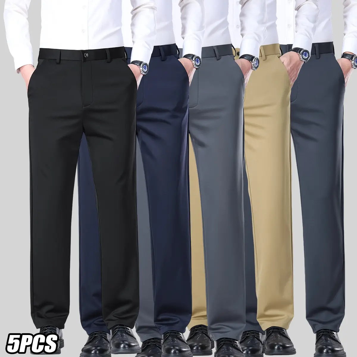 JOGWAVE Men's Modern Slim Fit With Pocket All-Purpose Elegant Style Pants - 5PCS Plain, Dark Blue+Gray+Khaki+Deep Blue, Mid Waist, Reinforced Knees, Cargo, Work, Polyester Blend, Multi-Size, 1-Piece Cut, Comfortable, Easy Care, Wrinkle-Resistant, With Poc