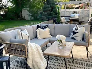 DWVO 4 Pieces Patio Furniture Set, Outdoor Wicker Conversation Sectional L-Shaped Sofa with 5 Seater for Backyard, Porch, Boho Detachable Lounger with Thickness Cushions and Side Table - Grey