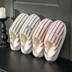Ins Plush Striped Slippers Winter Warm Letter Embroidered Shoes Fashion Floor Bedroom Home Slipper For Women Men Couples Party Gifts micromallows original 24-day advent calendar secret  santa  gifts  women