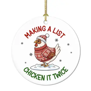 3 in Round Ceramic Funny Chicken Ornament - "Chicken It Twice" List-Making Rooster, Vintage Christmas Tree Decoration, Chick Lover Gift, Farm Homestead Decor, Christmas Room Decor