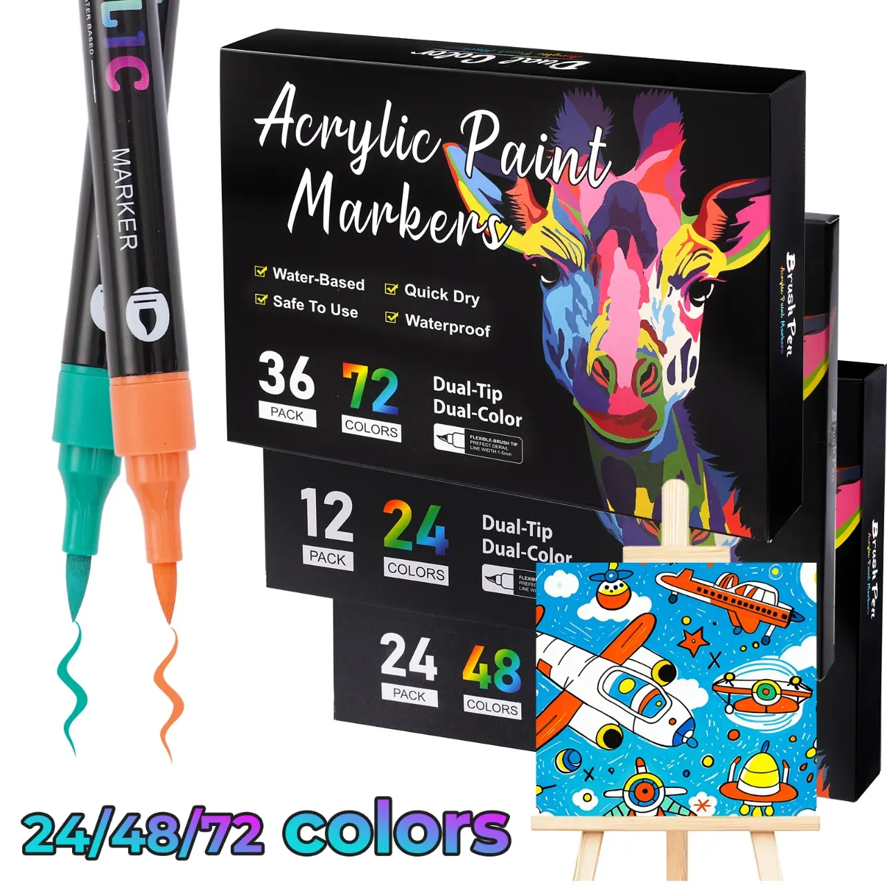 36 Opaque Finish Acrylic Paint Markers - Dual-Tip Ceramic Paint Pens with Brush + Fine Tips, Multi-Surface Art Supplies for Calligraphy, DIY (Fabric, Rock) - Ideal for Adults, Teens, Glass