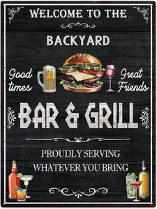 Backyard Bar & Grill Master BBQ Grilling Tin Metal Sign 8x12 Inches Personalized Outdoor Kitchen Bar Decor Accessory with Wreath Wall Art
