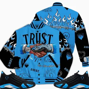 14 University Blue Outfits, Black University Blue 14s Varsity Jacket, Trust No One Tattoo Unisex T-Shirts To Match Sneakers Streetwear