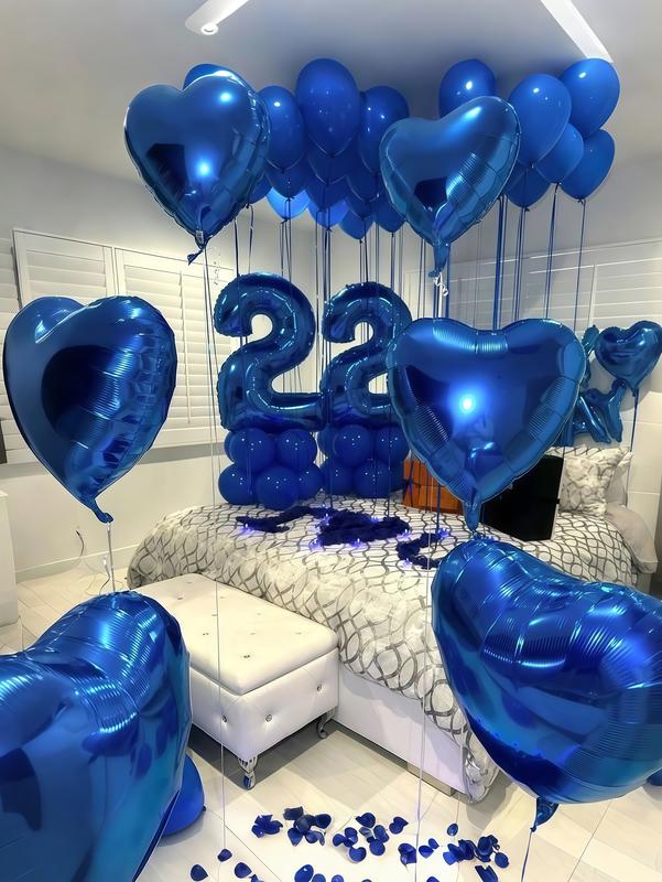 540PCS Blue Happy Birthday Balloon Banner Set – 40" Foil Number Balloons, Blue Heart Balloons & Fake Blue Rose Petals, Blue Theme Birthday Party Decorations for Men & Women
