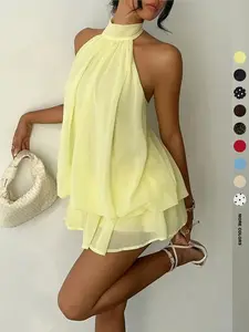 Women's Summer Casual Fashion Halter Tie Back Mini Dress, Slim-Fitting Elegant Sleeveless Dress for Party & Daily Wear