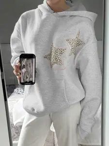 Women's Leopard Star Print Hoodie Sweatshirts with Kangaroo Pocket, Drawstring Shoulder Slouchy Sleeves, Loose Casual Fit, Perfect for Fall Layering