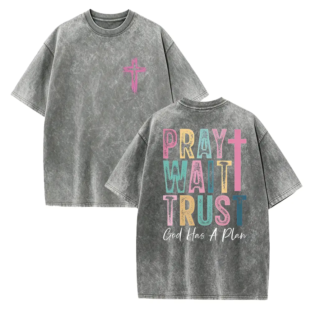 Men's Cotton Casual T-Shirt - Menswear Round Neck Short-Sleeve Top, Seamless Religious Graphic Tee with "Pray Wait Trust" Message, Christian Cross Design, Faith-Based Gift for Believers