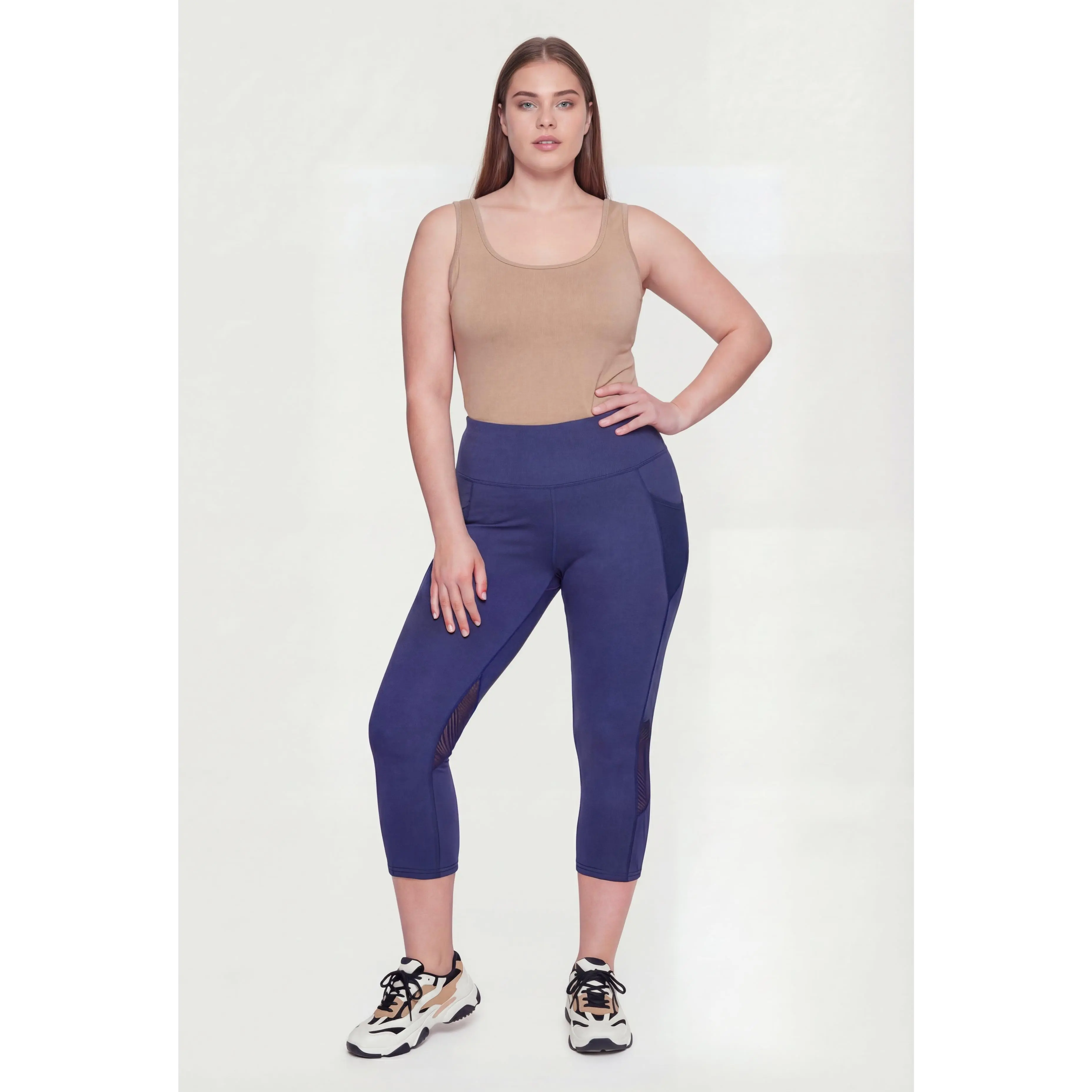 Plus Size Mesh Detail Cropped Leggings with Side Pockets