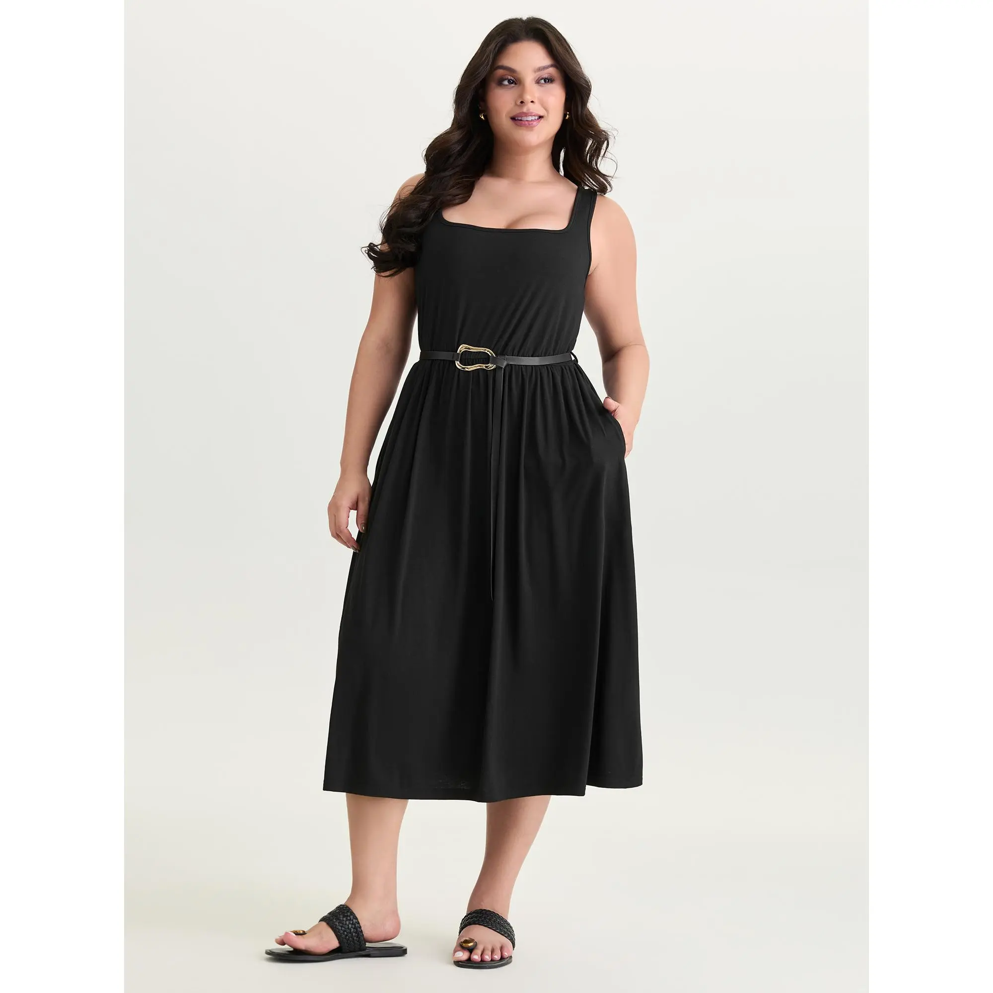 BloomChic Women's Plus Size Solid Casual Midi Dress with Square Neck, Sleeveless, Waist Tie and Pockets, Stretchy Polyester Rayon Spandex, Low Iron